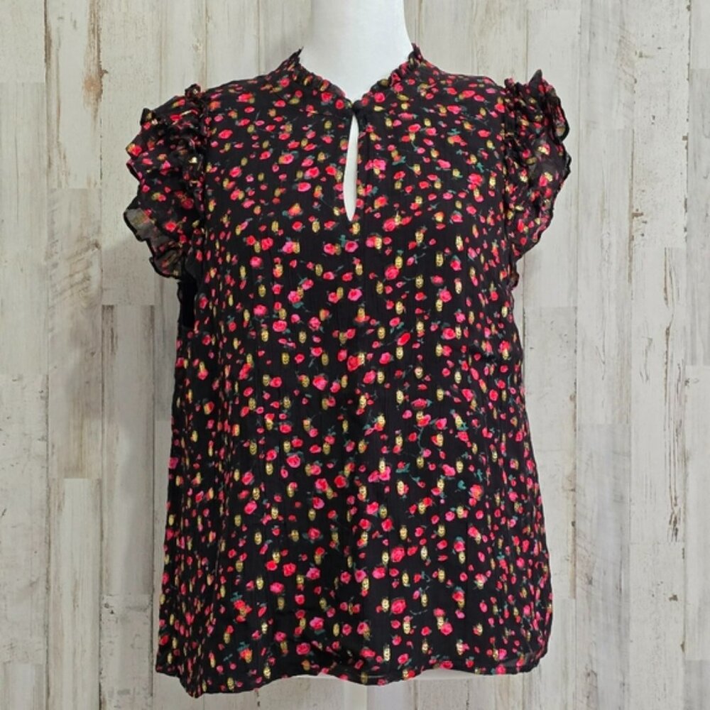 J. Crew Black Red Gold Metallic Multi Ruffleneck Flutter Sleeve Top Size Medium